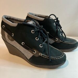 Sperry Top Slider Hadley Wedge booties Black Grey Suede wedges SZ 9